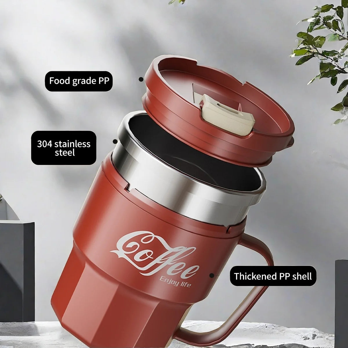 Insulated Stainless Steel Coffee Mug with Lid & Handle