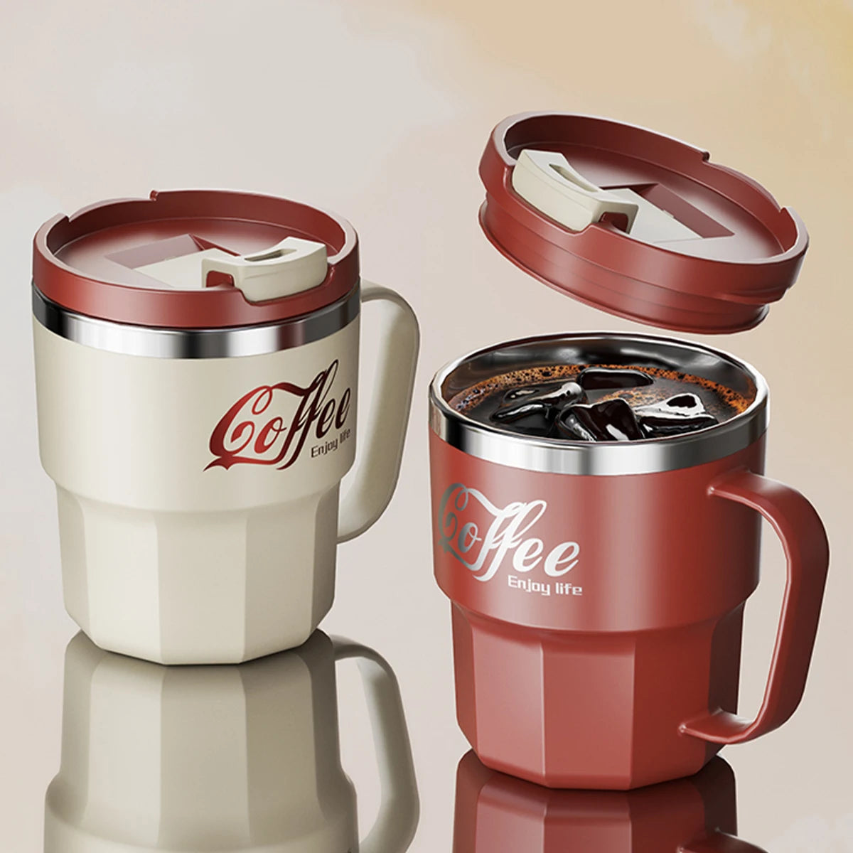 Insulated Stainless Steel Coffee Mug with Lid & Handle