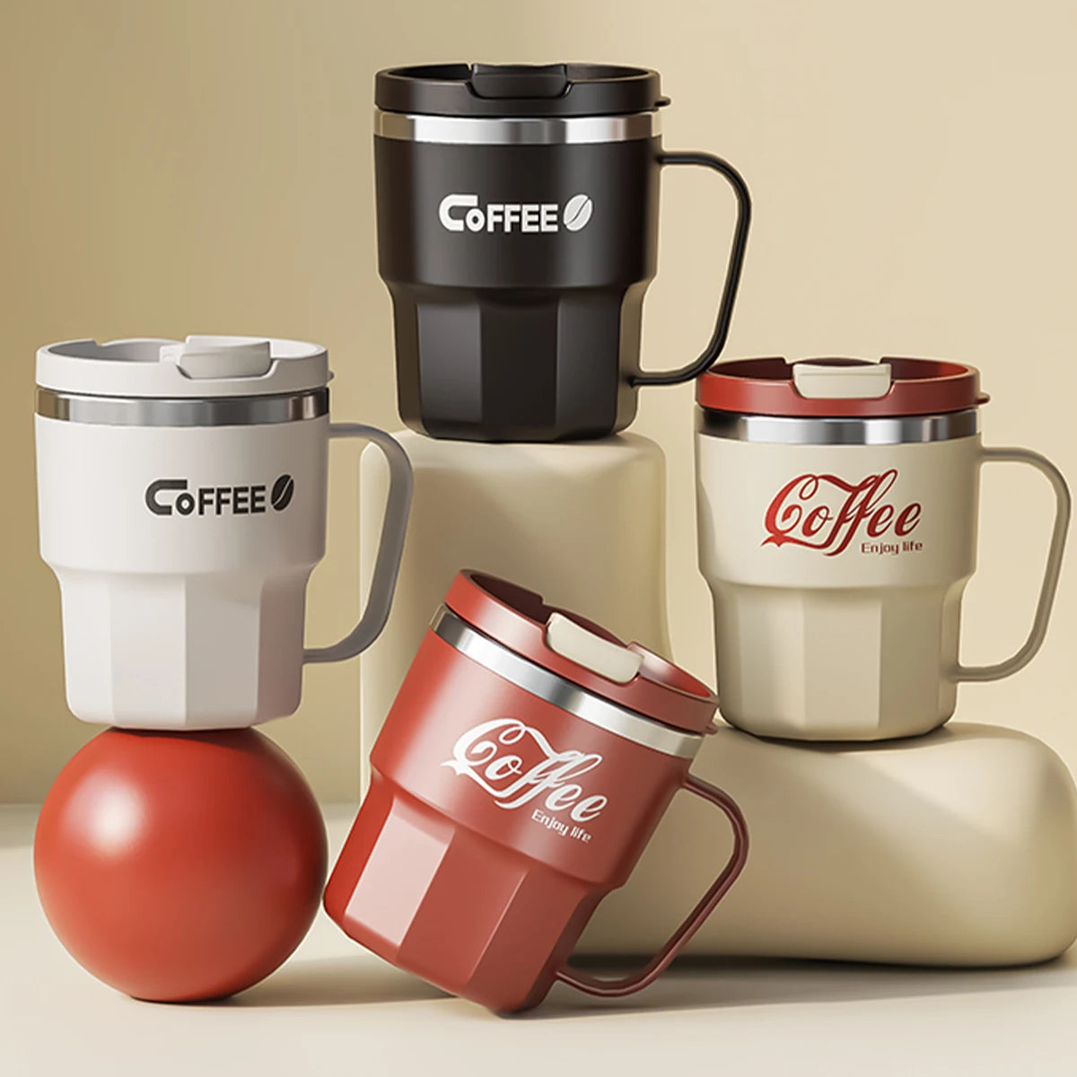 Insulated Stainless Steel Coffee Mug with Lid & Handle